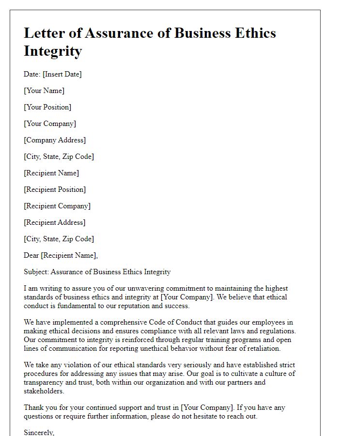 Letter template of assurance of business ethics integrity