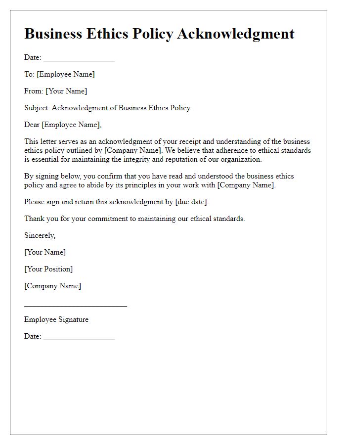 Letter template of business ethics policy acknowledgment