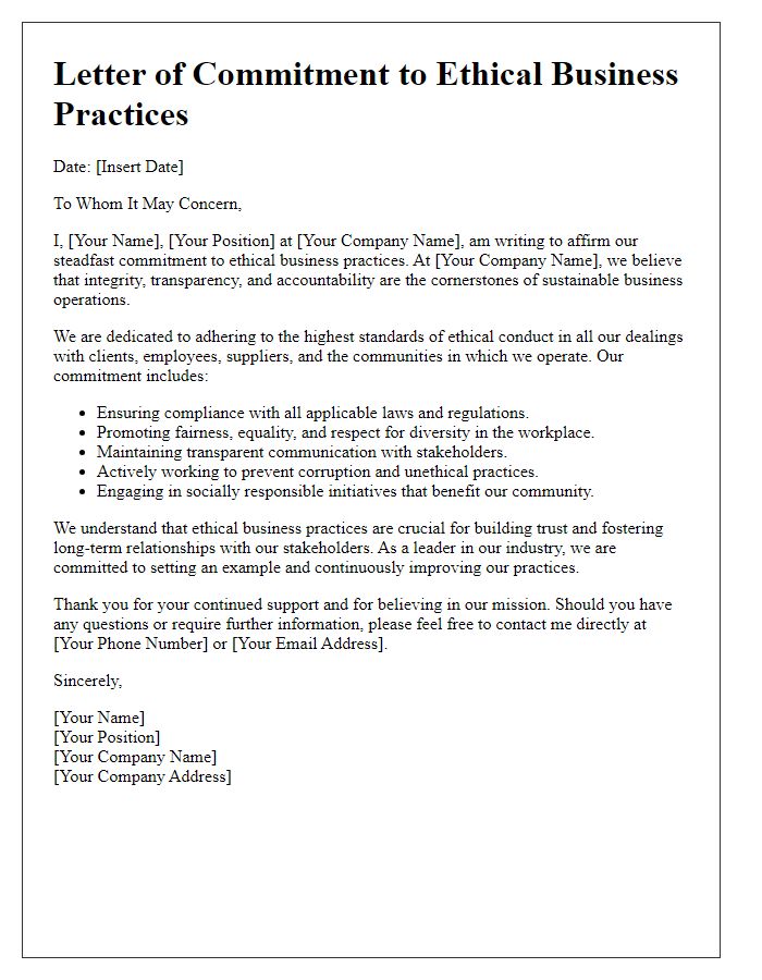 Letter template of commitment to ethical business practices