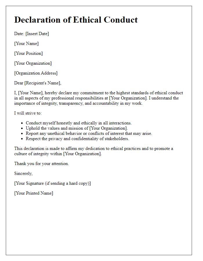 Letter template of declaration of ethical conduct