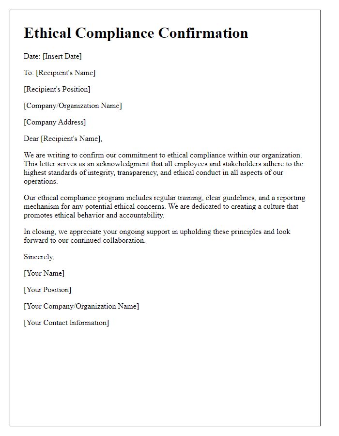 Letter template of ethical compliance confirmation