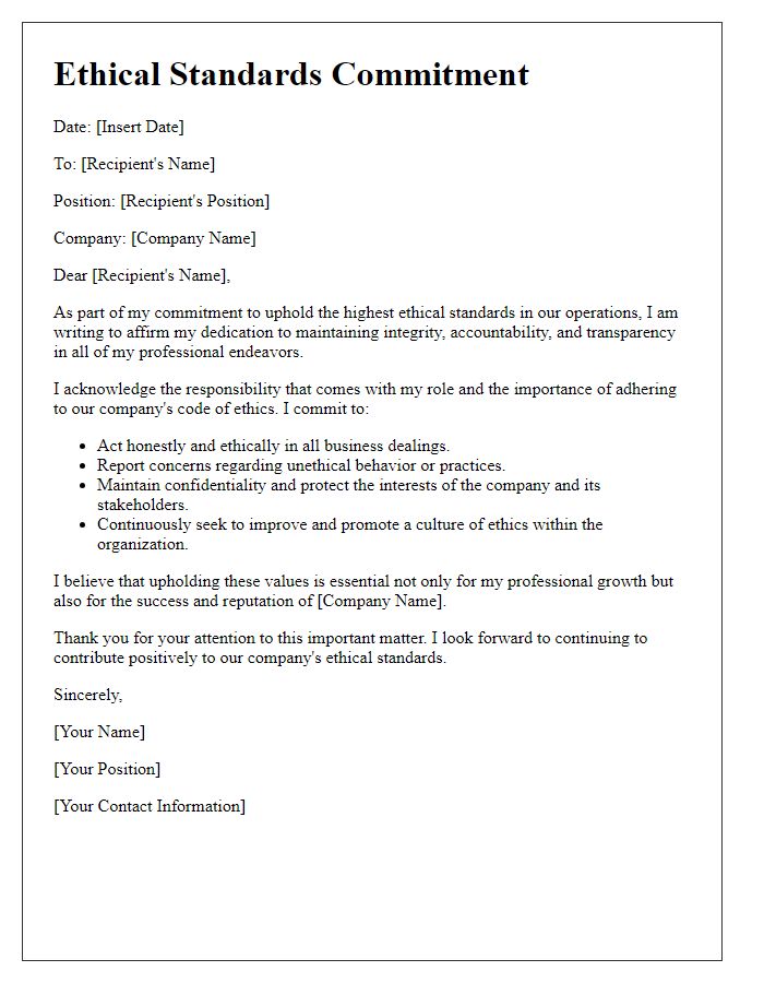 Letter template of ethical standards commitment