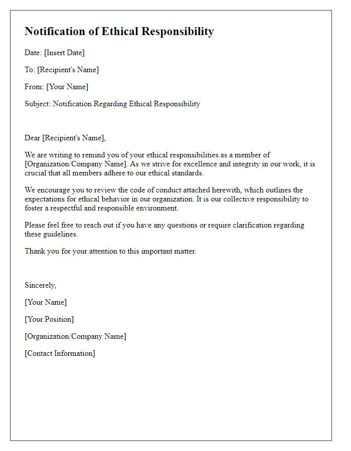 Letter template of notification regarding ethical responsibility