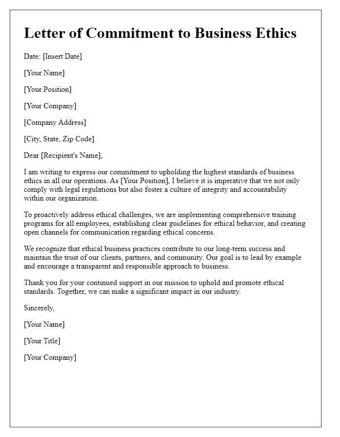 Letter template of proactive approach to business ethics