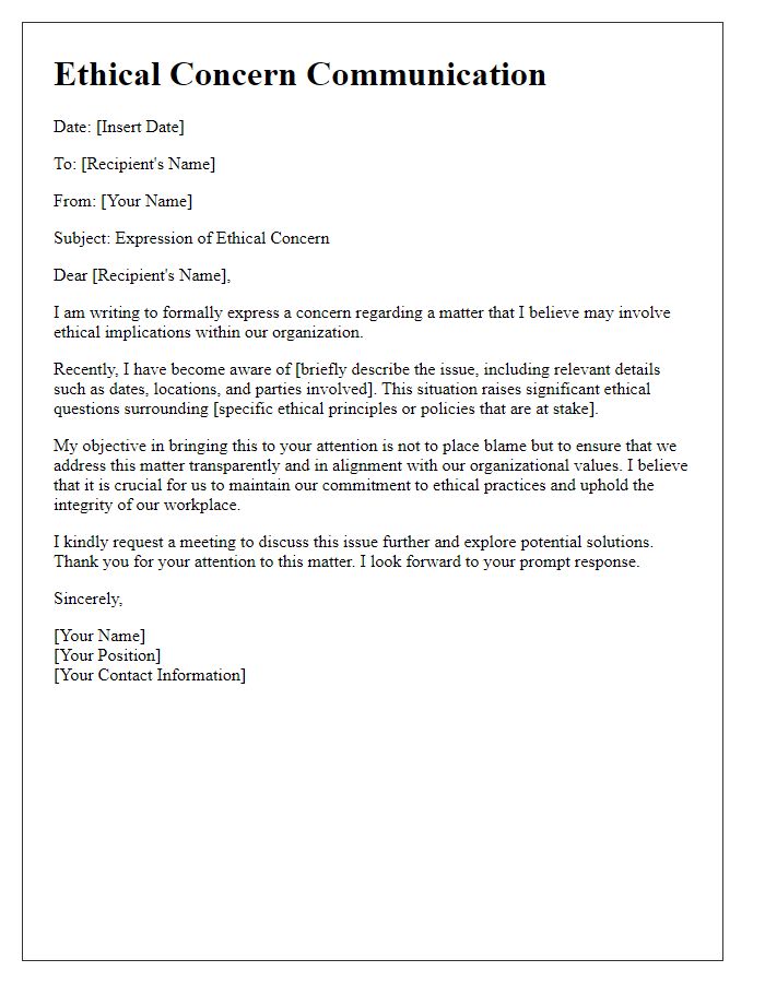 Letter template of ethical concern communication