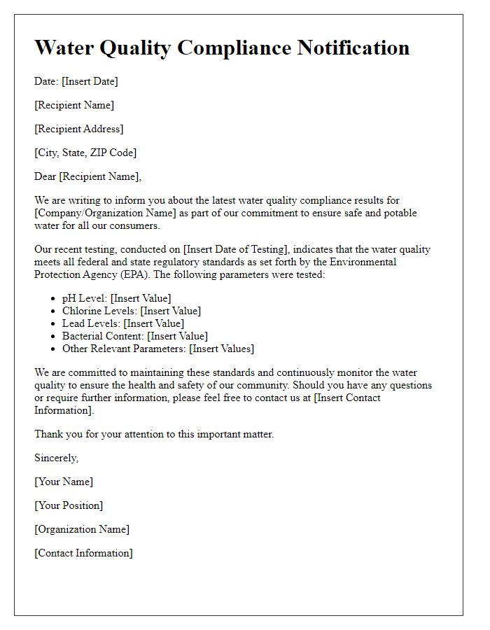 Letter template of water quality compliance notification