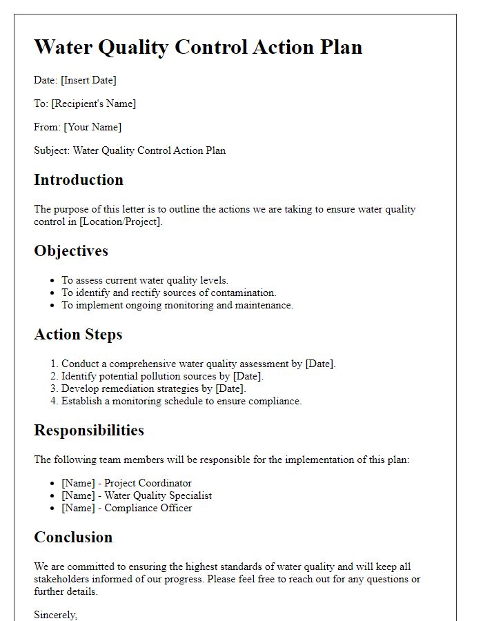 Letter template of water quality control action plan