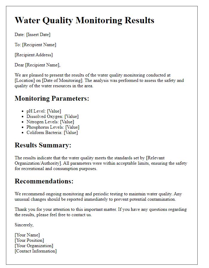 Letter template of water quality monitoring results