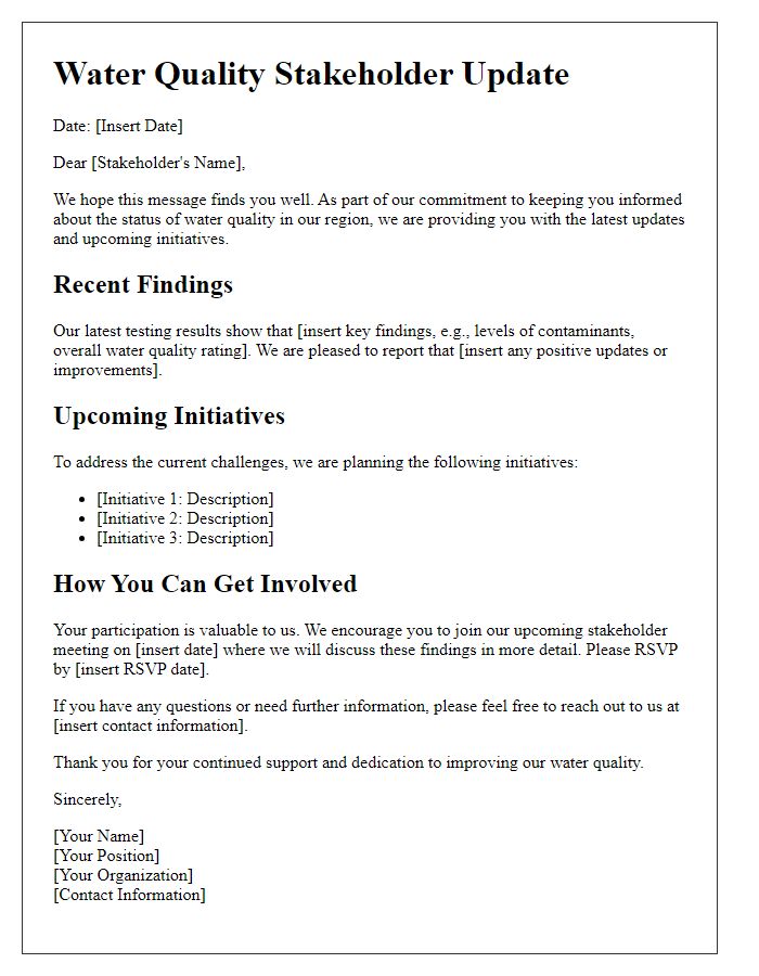 Letter template of water quality stakeholder update