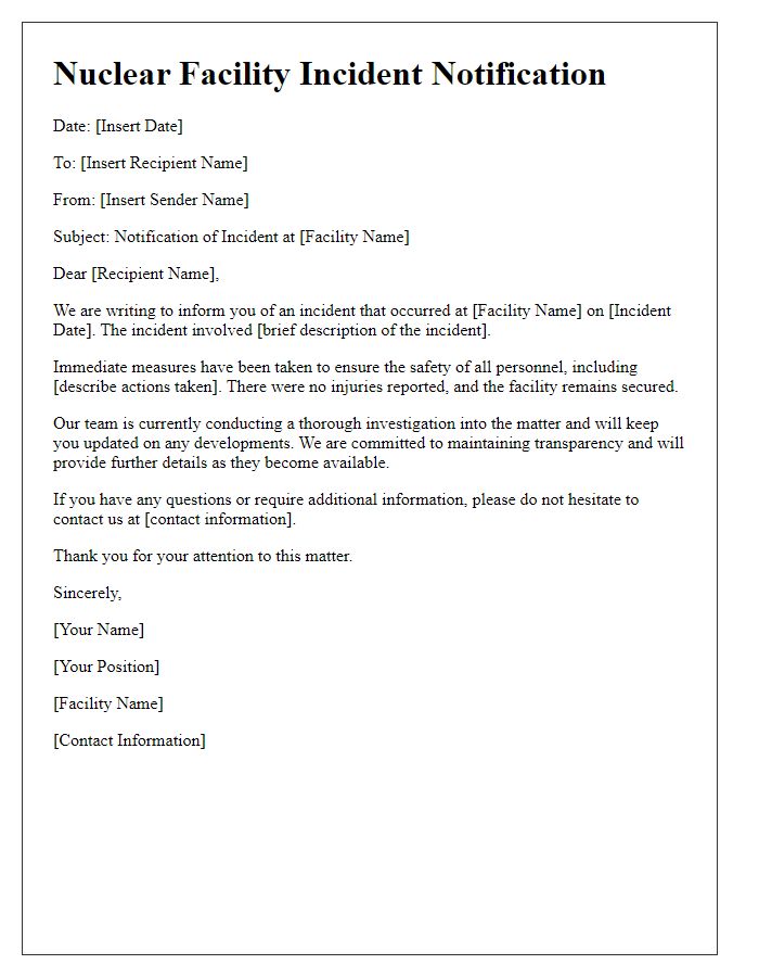 Letter template of nuclear facility incident notification