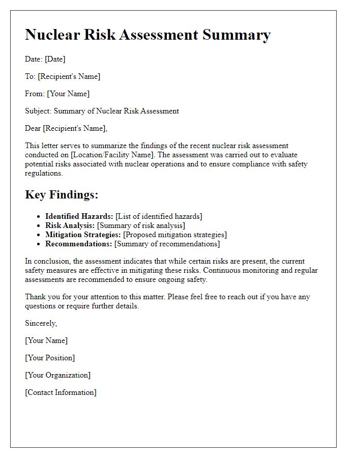 Letter template of nuclear risk assessment summary