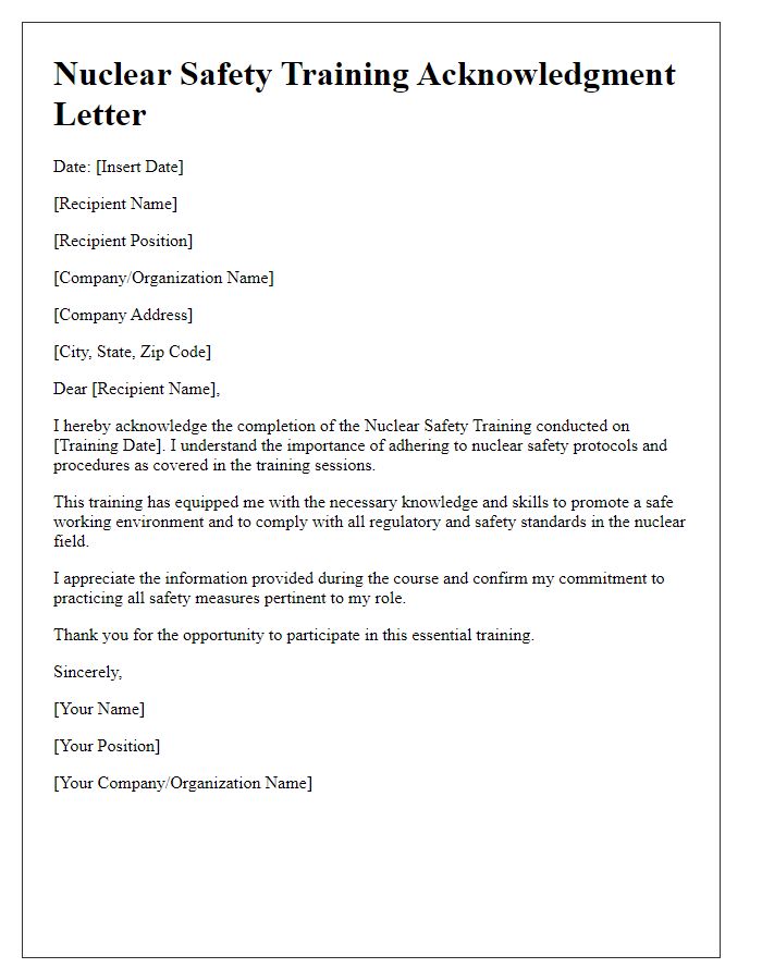 Letter template of nuclear safety training acknowledgment