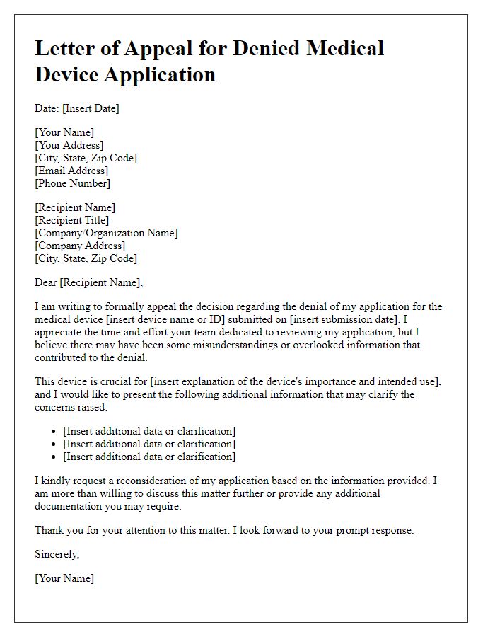 Letter template of appeal for denied medical device application