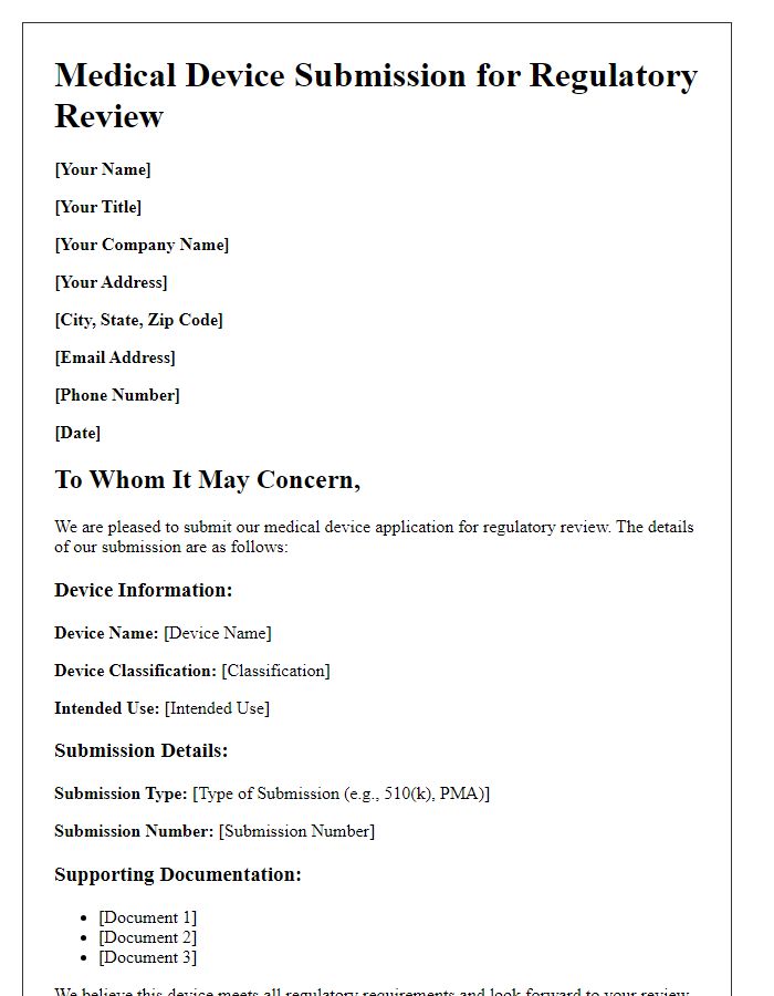 Letter template of medical device submission for regulatory review