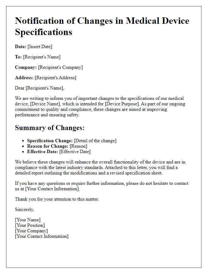 Letter template of notification for changes in medical device specifications