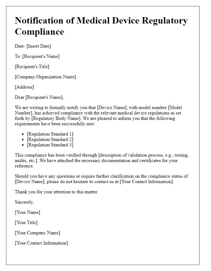 Letter template of notification for medical device regulatory compliance