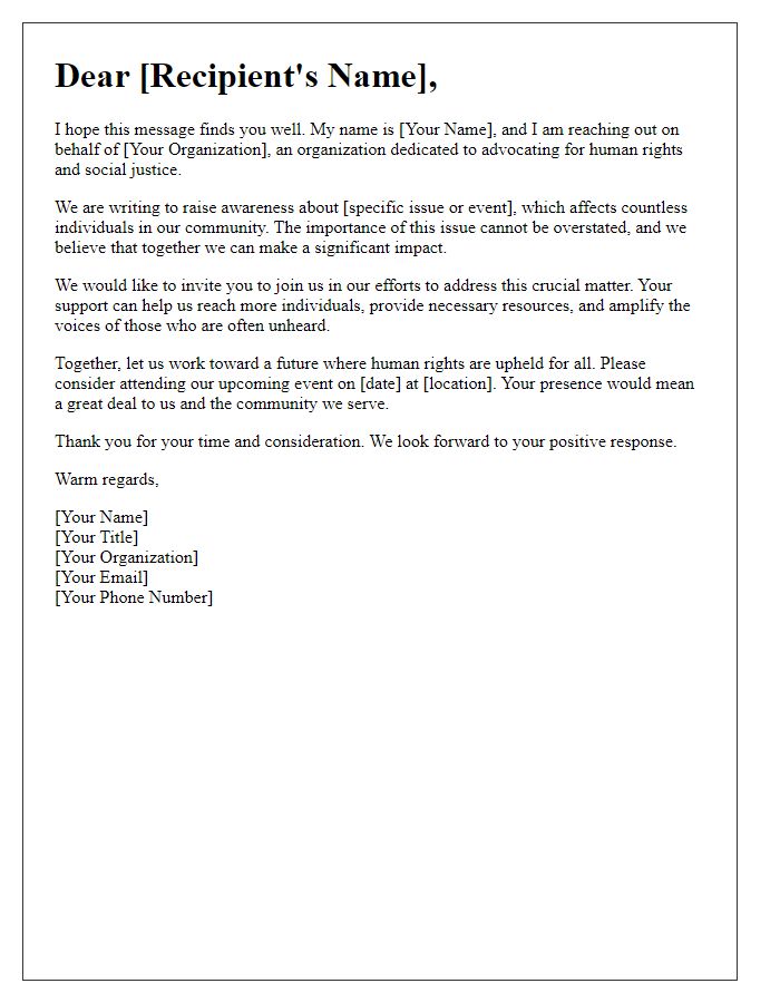 Letter template of human rights advocacy outreach.