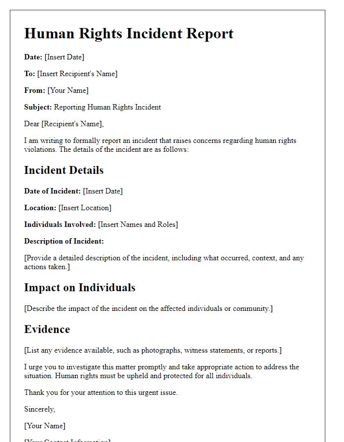 Letter template of human rights incident reporting.