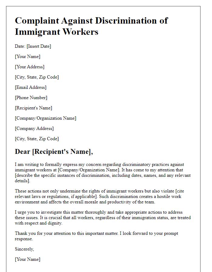 Letter template of complaint against immigrant worker discrimination.