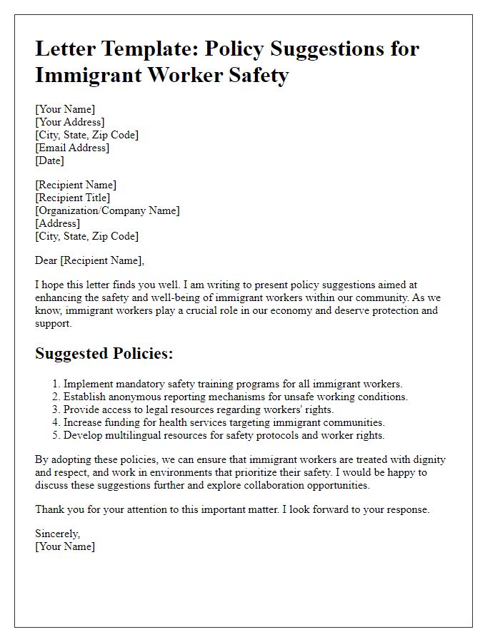 Letter template of policy suggestions for immigrant worker safety.