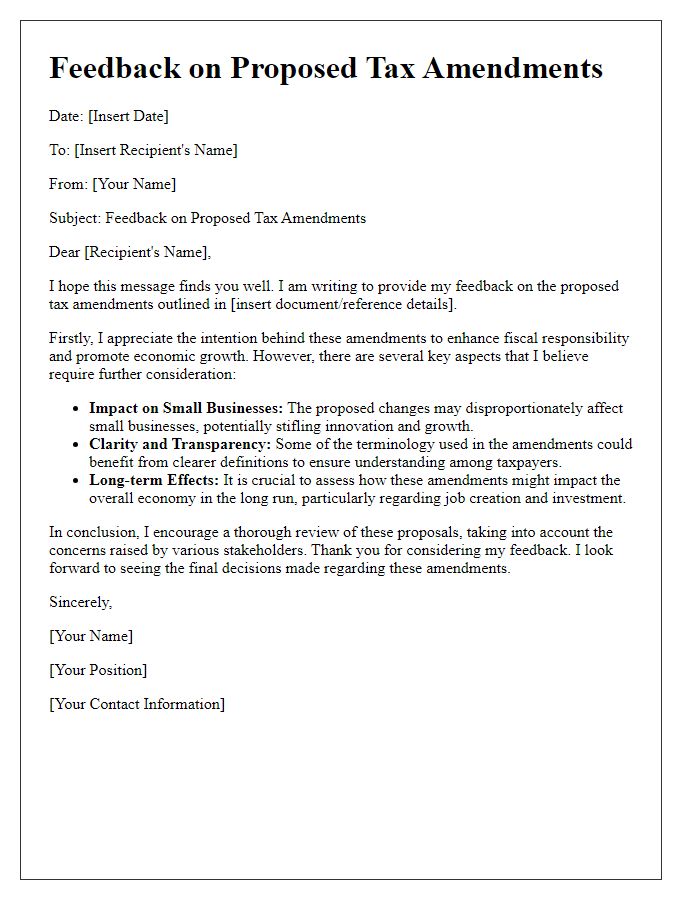 Letter template of feedback on proposed tax amendments