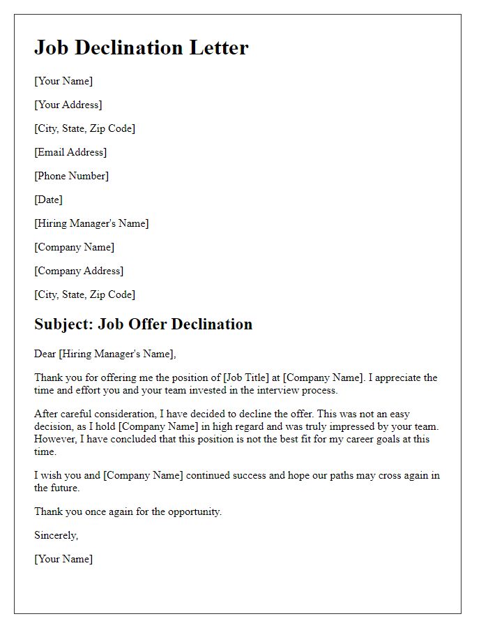 Letter template of declination for job position.