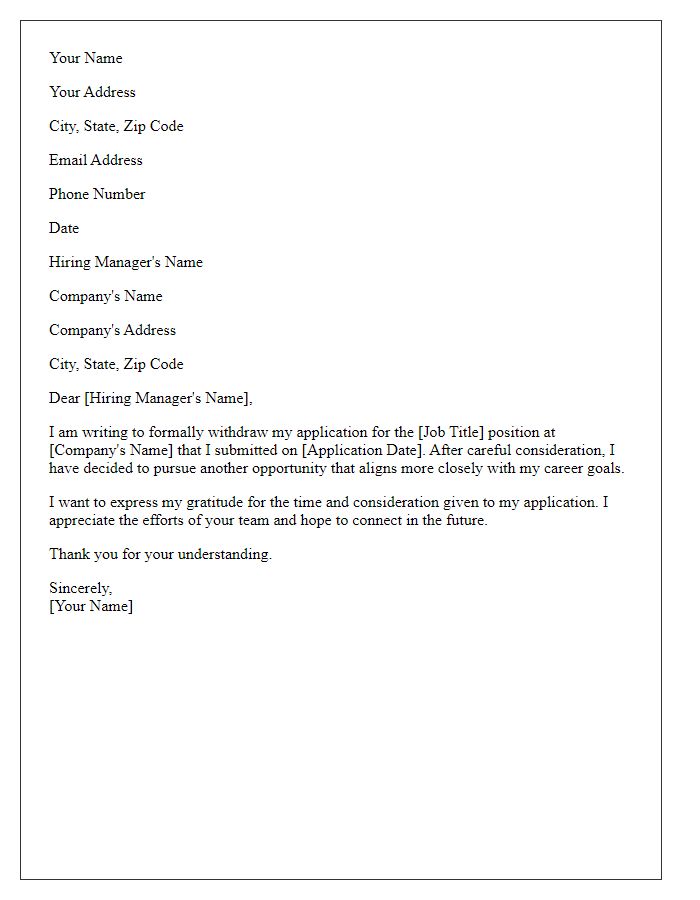 Letter template of job application withdrawal.