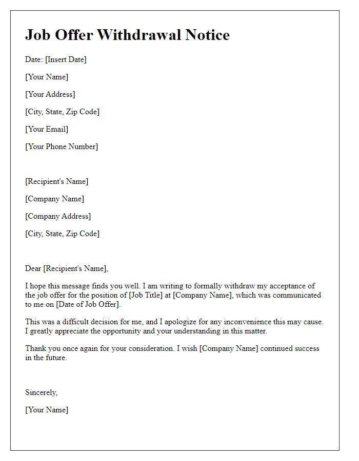 Letter template of job offer withdrawal notice.