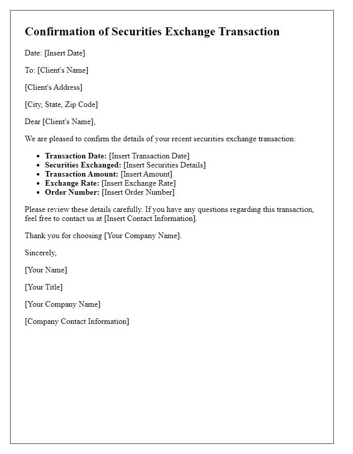 Letter template of confirmation for securities exchange transaction