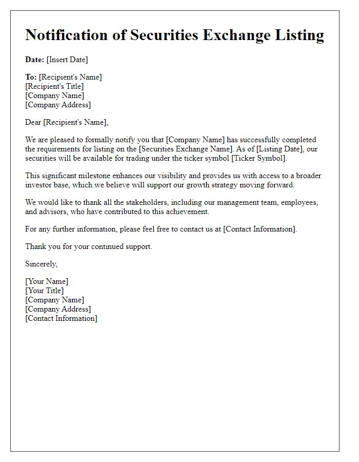 Letter template of notification for securities exchange listing