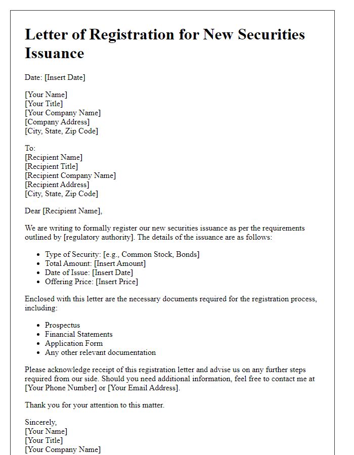 Letter template of registration for new securities issuance