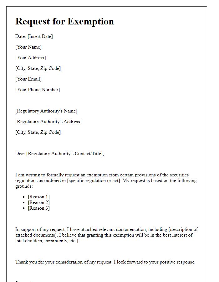 Letter template of request for exemption from securities regulations