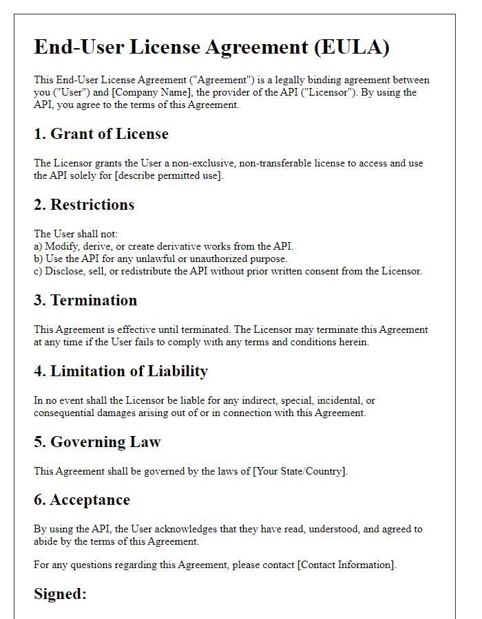 Letter template of End-User License Agreement for API Usage