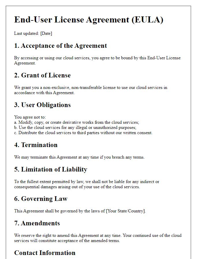 Letter template of End-User License Agreement for Cloud Services