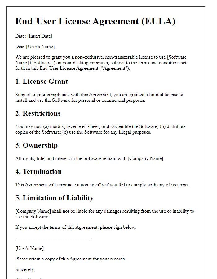 Letter template of End-User License Agreement for Desktop Software