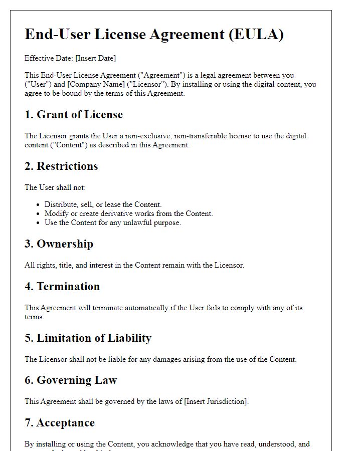 Letter template of End-User License Agreement for Digital Content