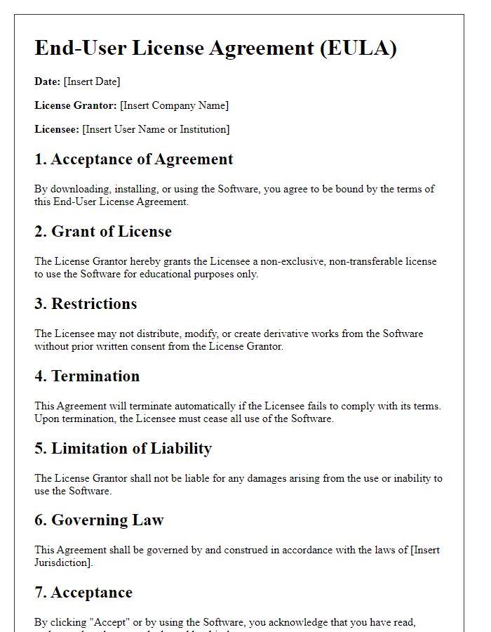 Letter template of End-User License Agreement for Educational Software