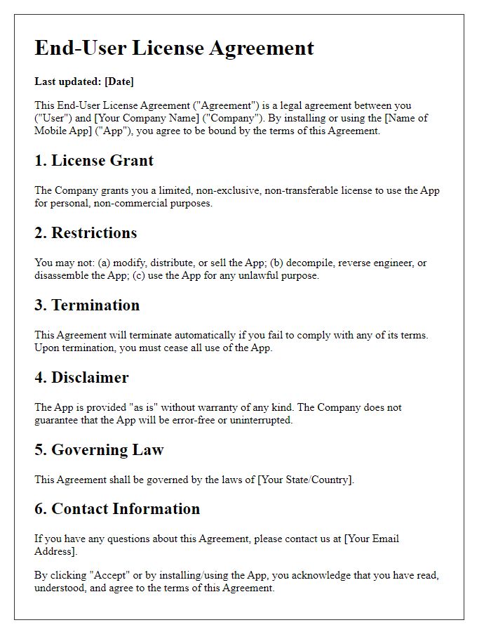 Letter template of End-User License Agreement for Mobile App