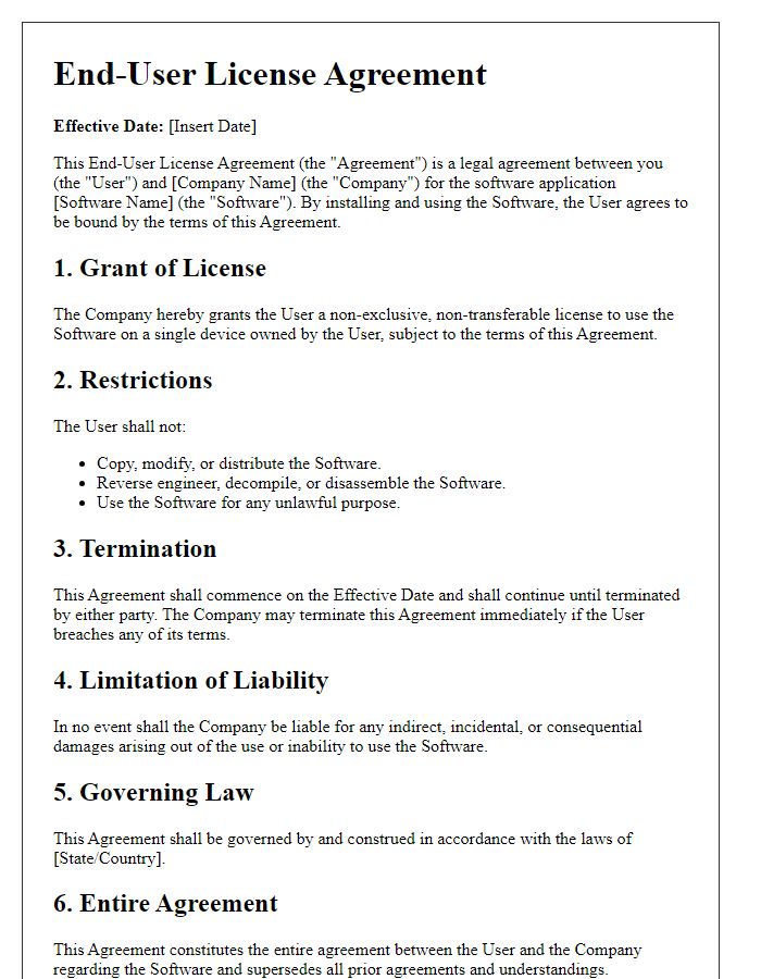 Letter template of End-User License Agreement for Software Application