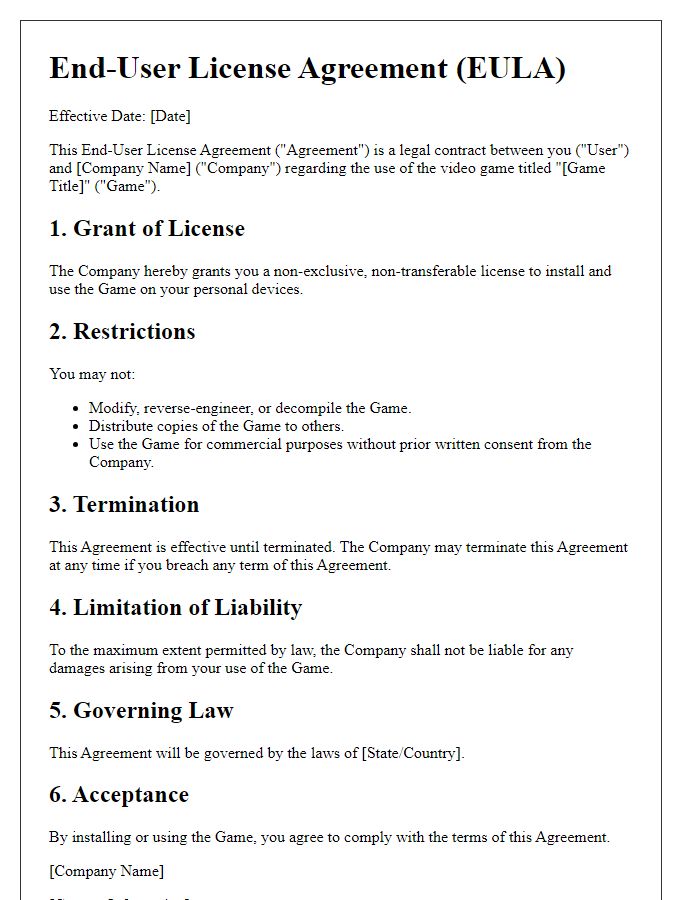 Letter template of End-User License Agreement for Video Game