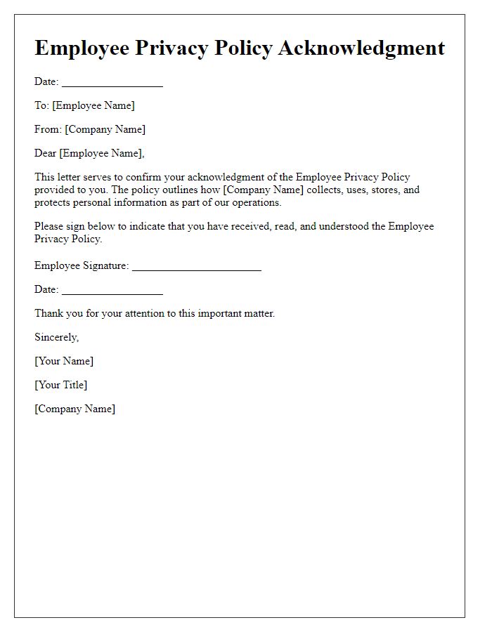 Letter template of Employee Privacy Policy Acknowledgment