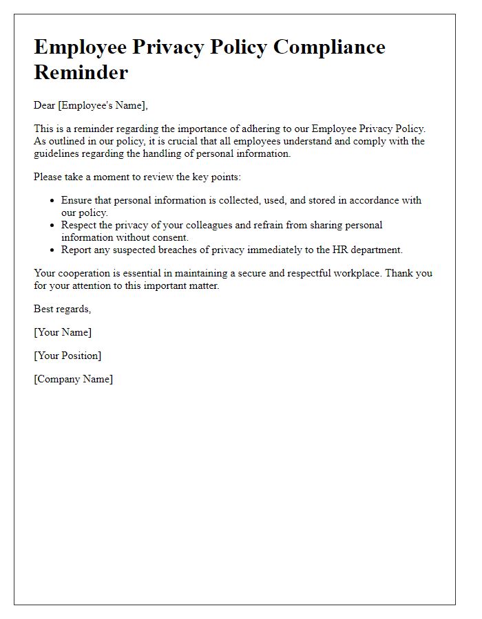 Letter template of Employee Privacy Policy Compliance Reminder