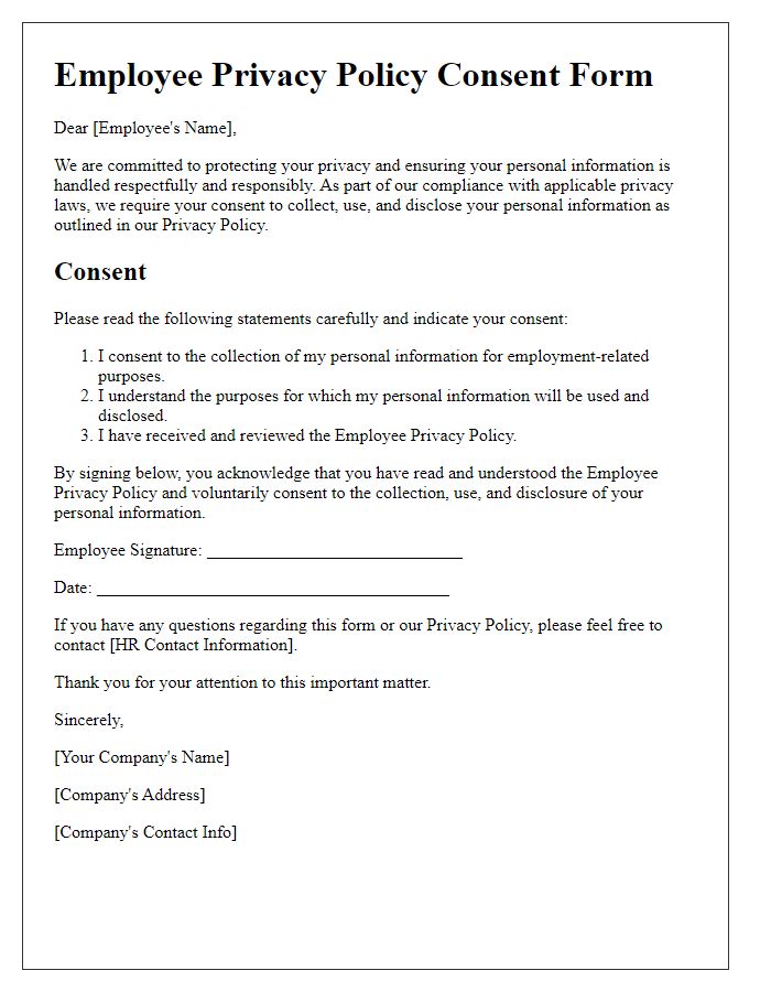 Letter template of Employee Privacy Policy Consent Form