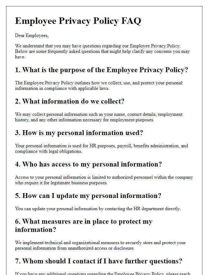 Letter template of Employee Privacy Policy FAQ