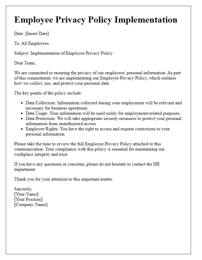 Letter template of Employee Privacy Policy Implementation