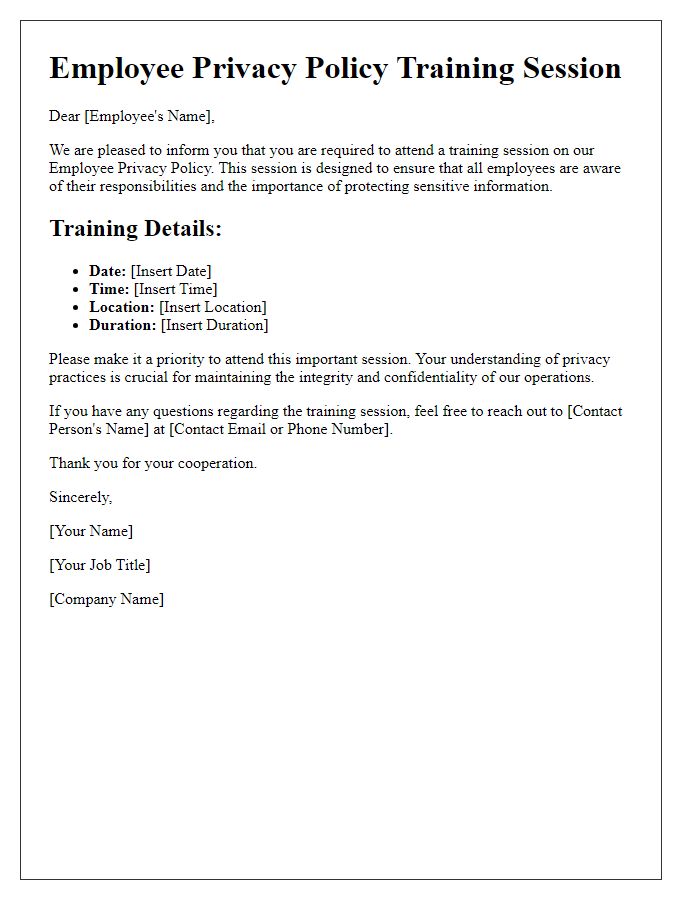 Letter template of Employee Privacy Policy Training Session