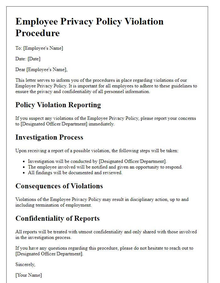 Letter template of Employee Privacy Policy Violation Procedure