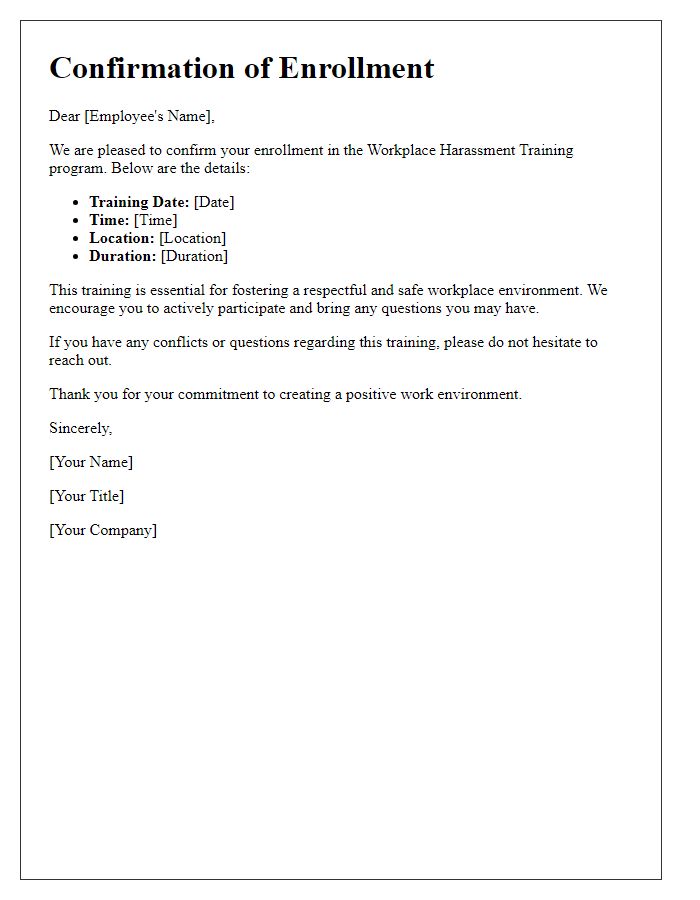 Letter template of confirmation for workplace harassment training enrollment