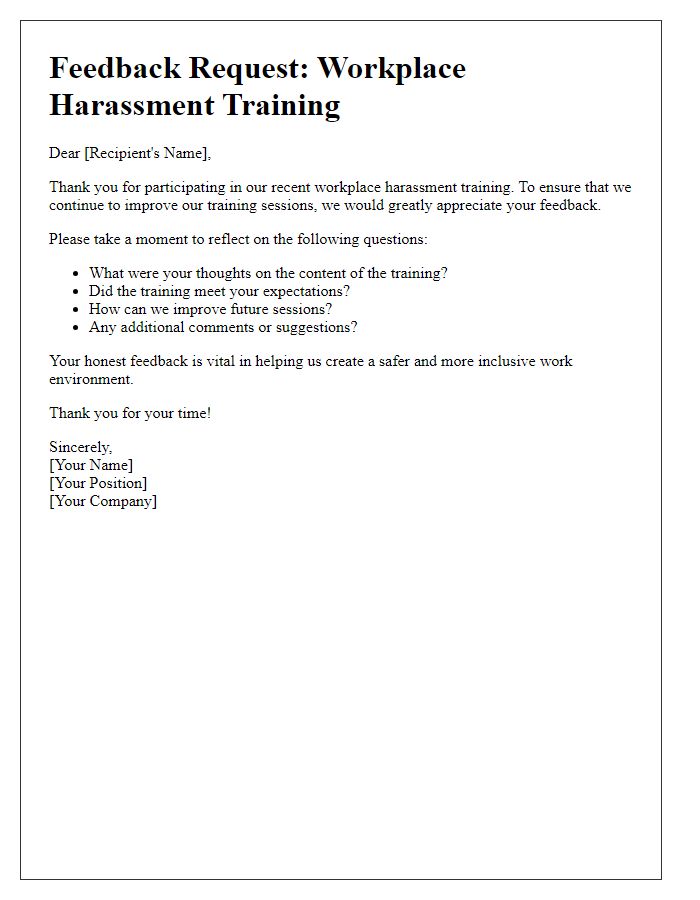 Letter template of feedback request following workplace harassment training