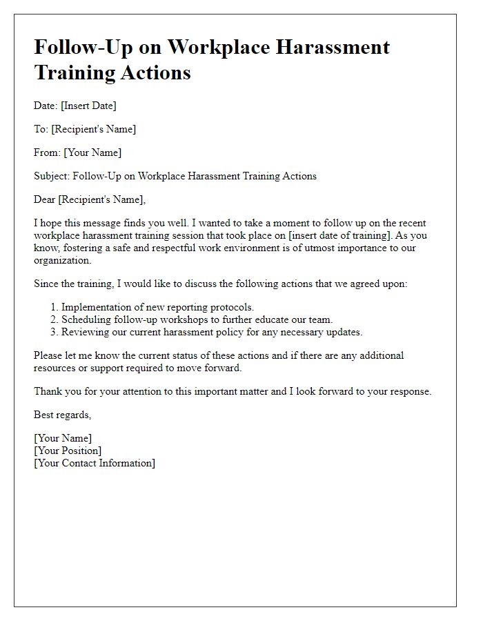 Letter template of follow-up on workplace harassment training actions